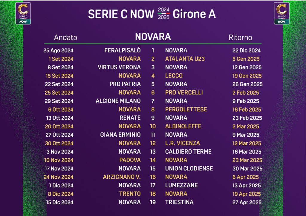 Serie C 2024-2025 Calendario Novara Calcio